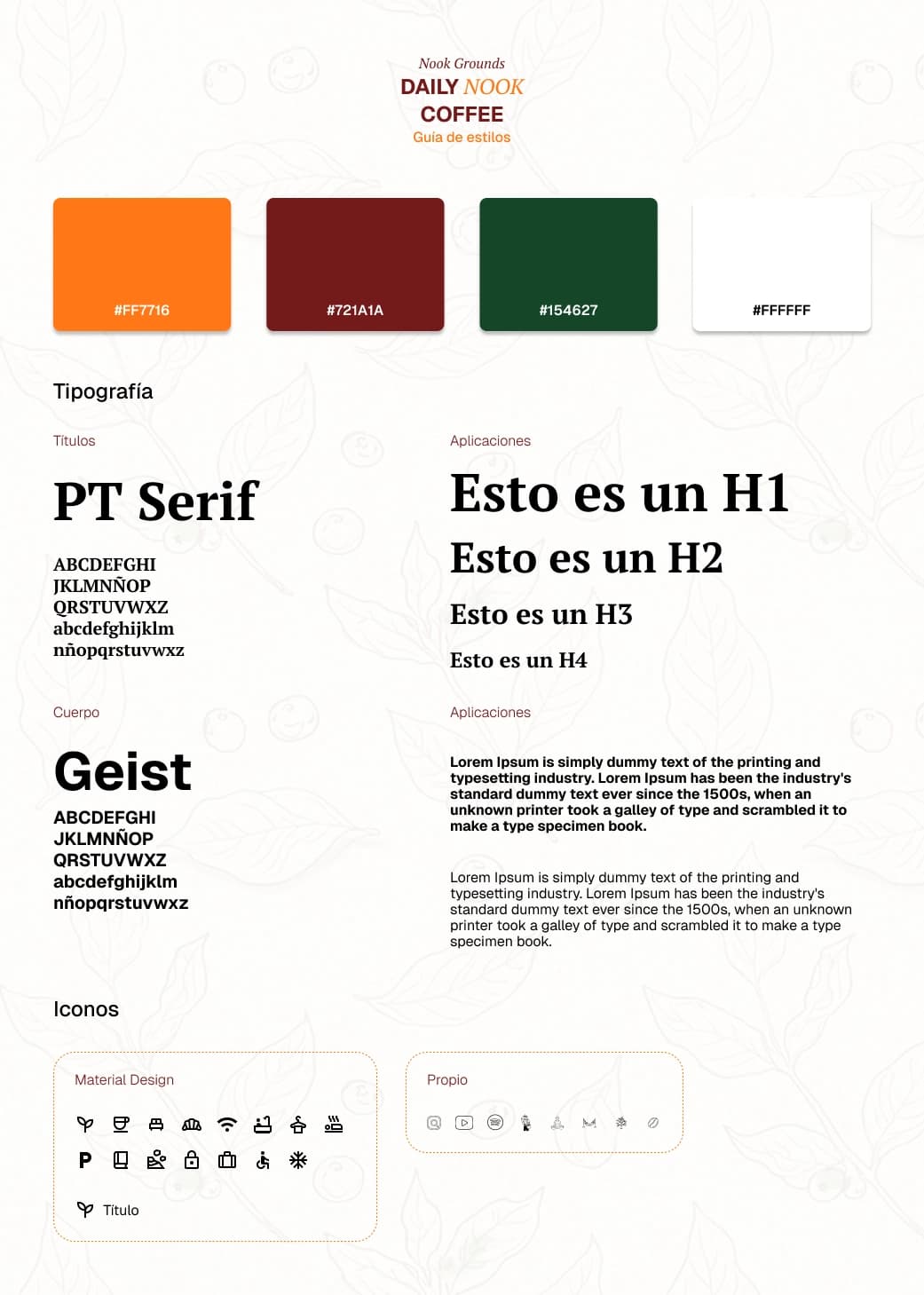 Daily Nook Coffee — guía de estilos: color, tipografía e iconos
